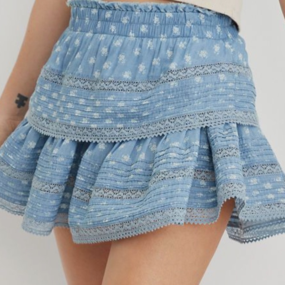 Aerie Rock n' Ruffle Light Blue Floral Mini Skirt